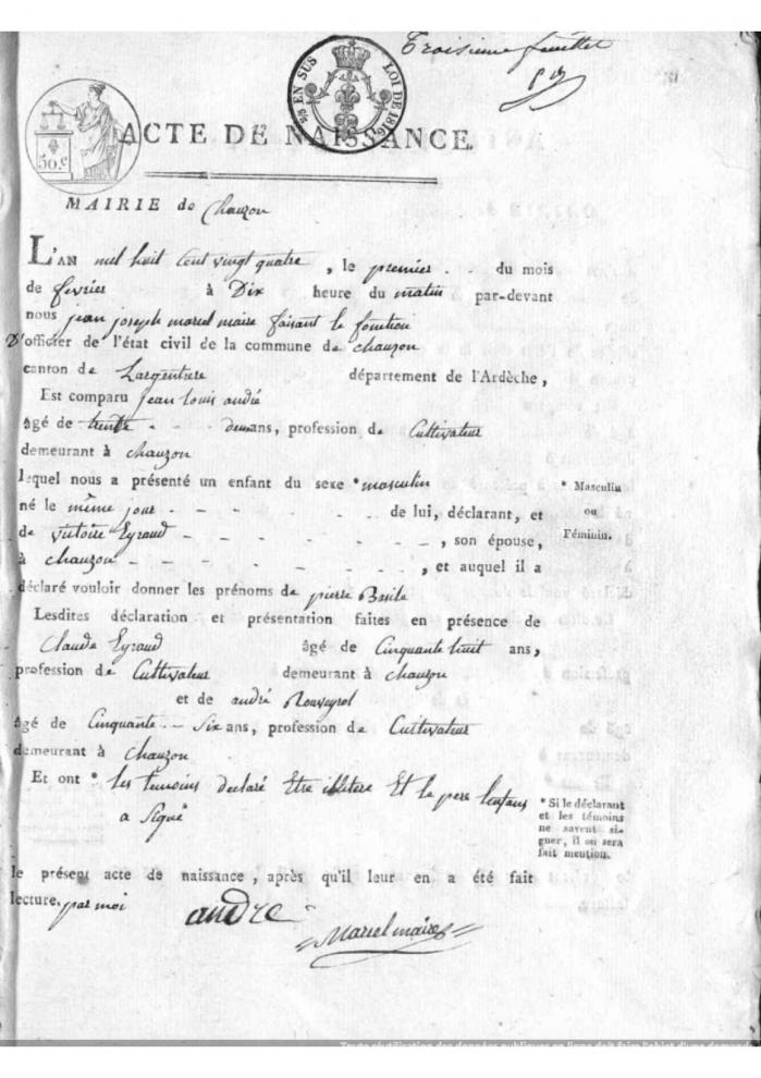 Fr ANDRÉ Alexandre - naissance