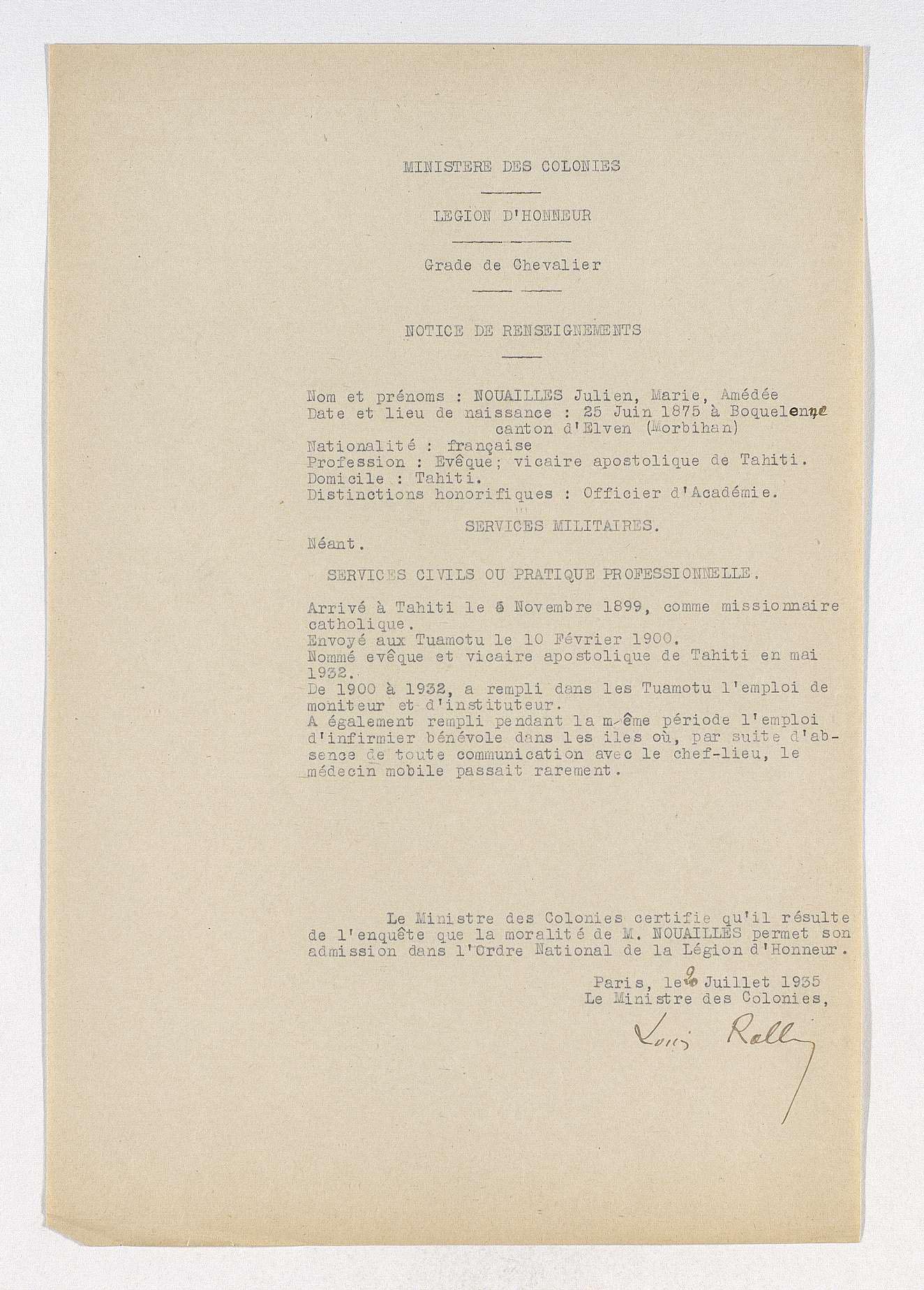 Legion d'honneur - Notice de renseignements