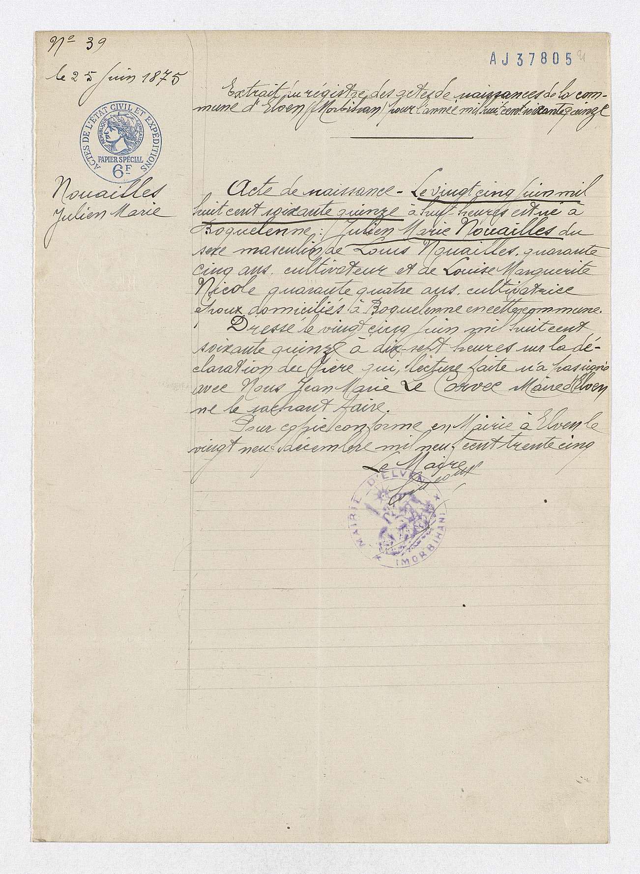 Legion d'honneur - Acte de naissance